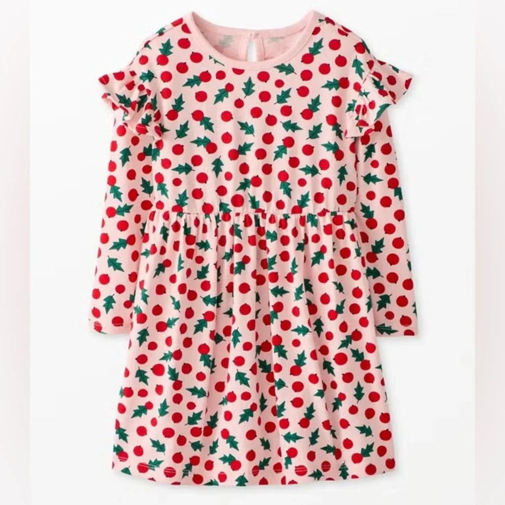 NWT Hanna Andersson LS Ruffle Dress Pockets, Snowberries Pink, Size 120 (US 6-7)